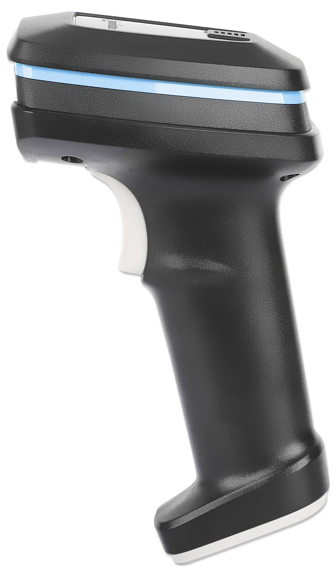 Un lecteur de codes à barres noir avec une bande bleue et une poignée ergonomique, adapté à la lecture de codes-barres dans les commerces de détail ou les entrepôts.