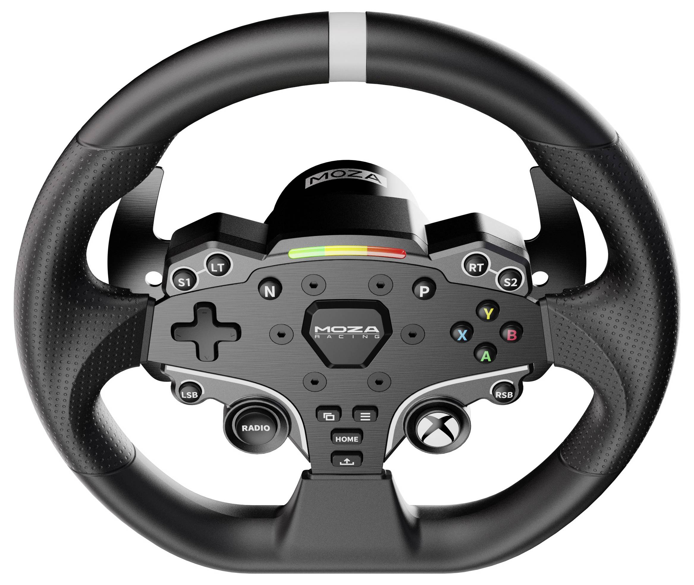 Volant avec boutons et interrupteurs, conçu pour les simulateurs de course et les jeux vidéo. Comprend des boutons de commande et de fonction.