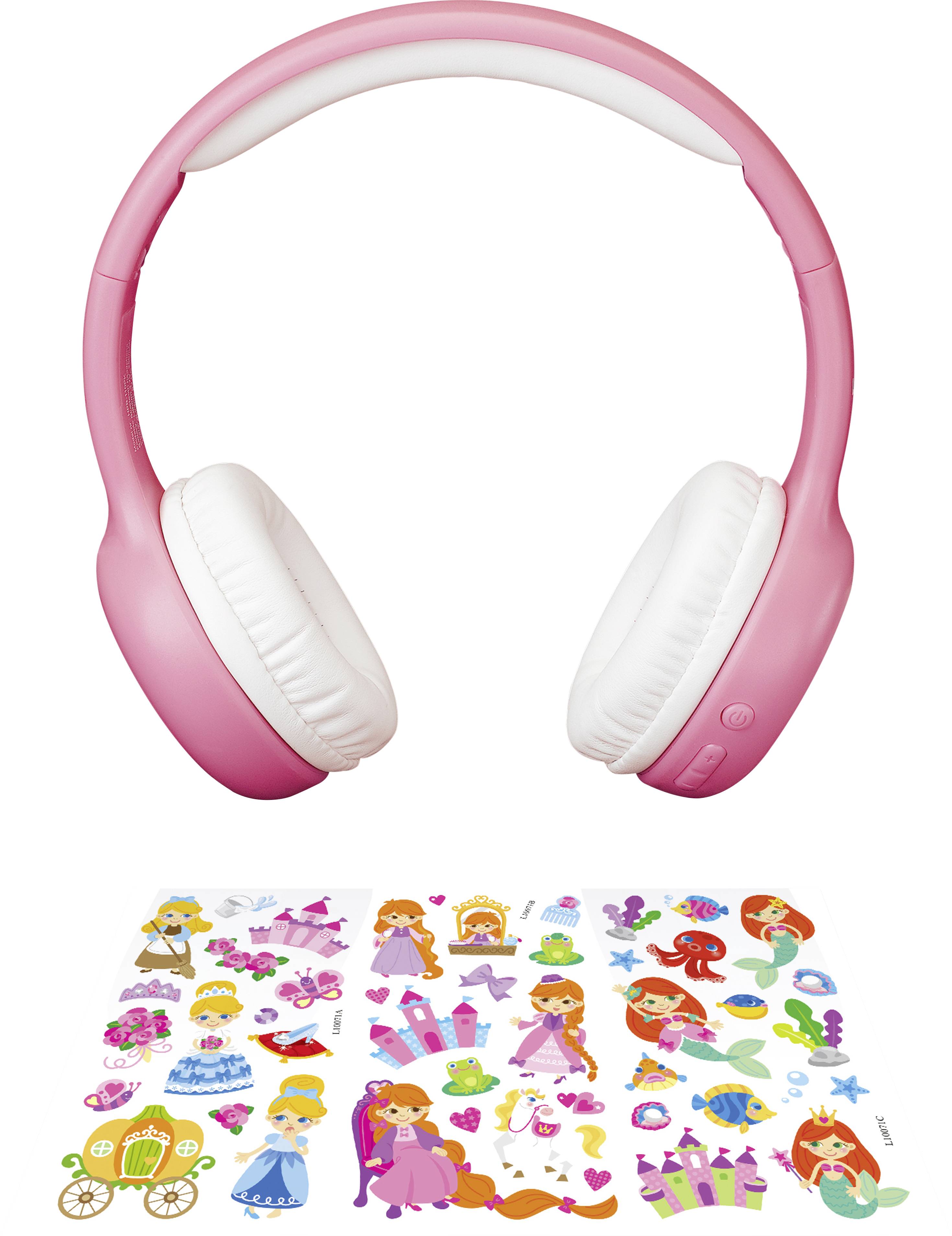 Casque audio rose avec coussinets blancs, sous lequel se trouve un arceau décoré d'autocollants colorés représentant des princesses, des châteaux et des cœurs.