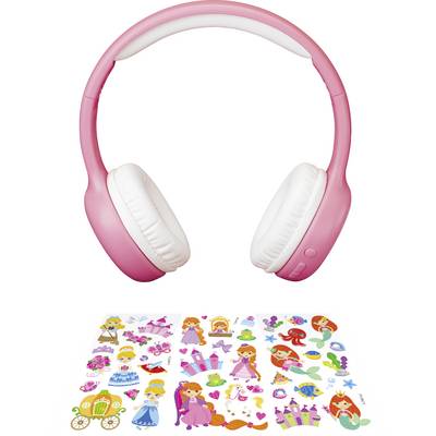 Casque audio rose avec coussinets blancs, sous lequel se trouve un arceau décoré d'autocollants colorés représentant des princesses, des châteaux et des cœurs.