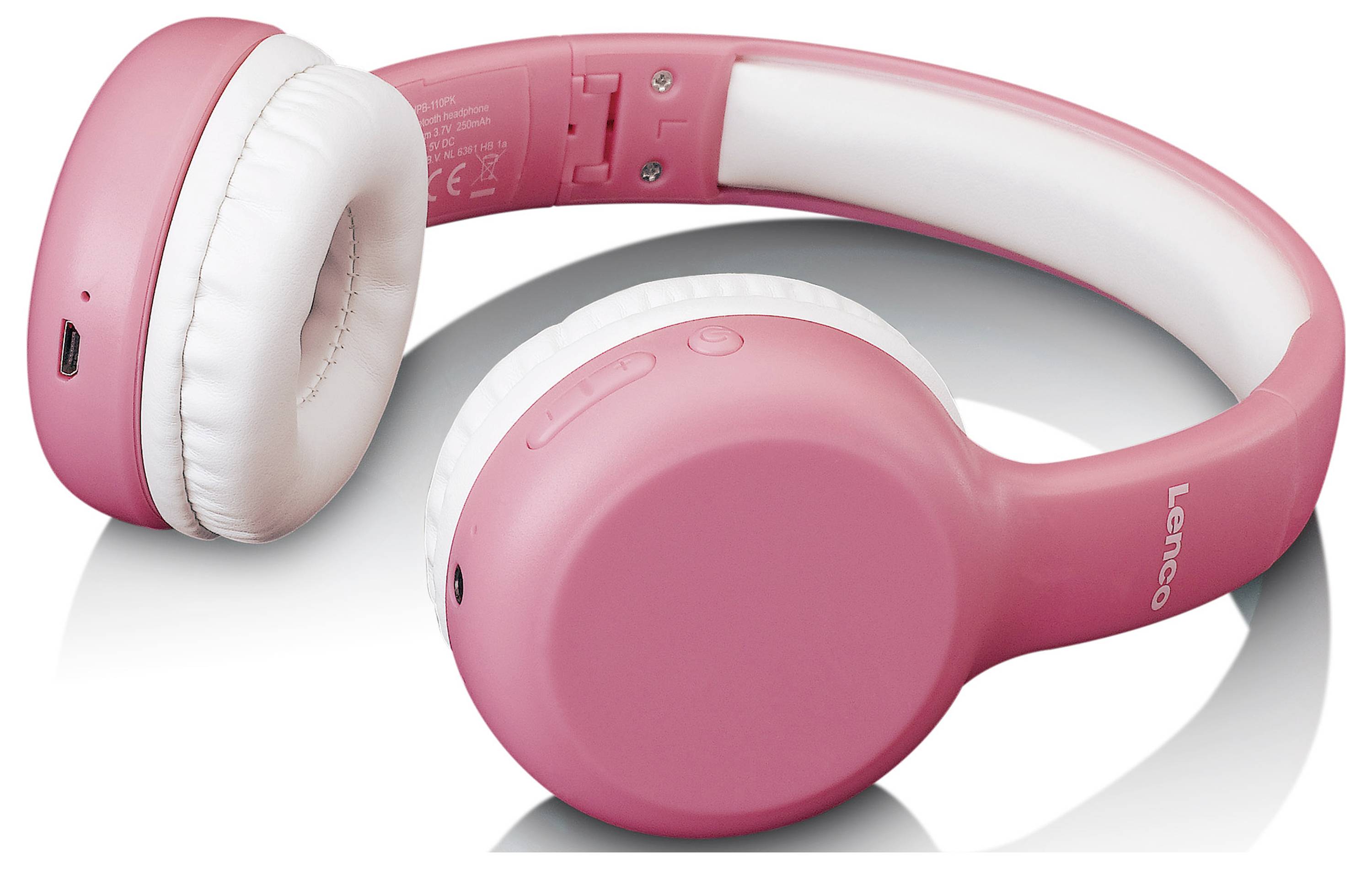 Écouteurs sans fil roses avec doublure blanche. Le design est épuré et moderne, avec un port de charge USB sur le côté.
