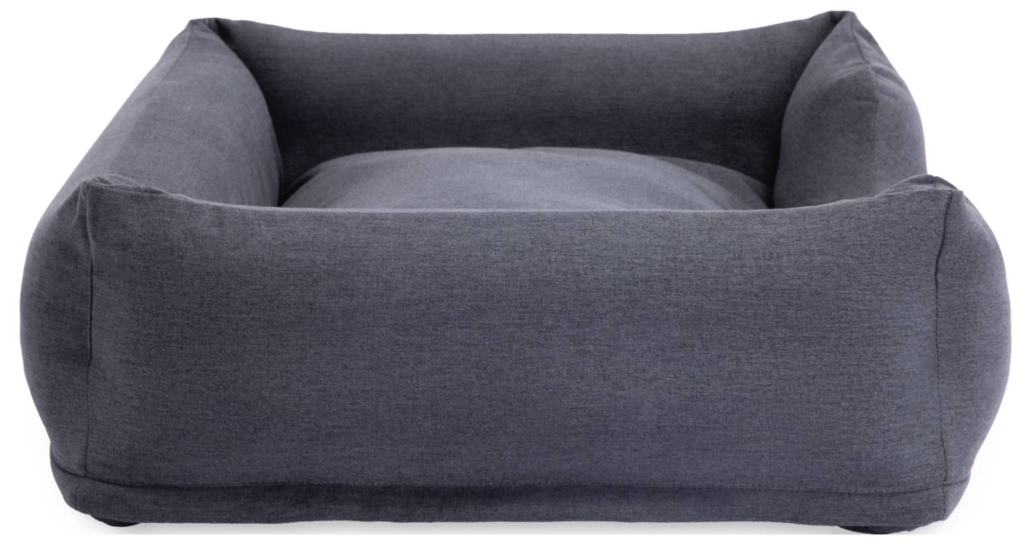 Lit de chien gris de forme rectangulaire avec des parois latérales hautes. Il offre du confort et un soutien optimal pour les animaux de compagnie lors de leur repos.
