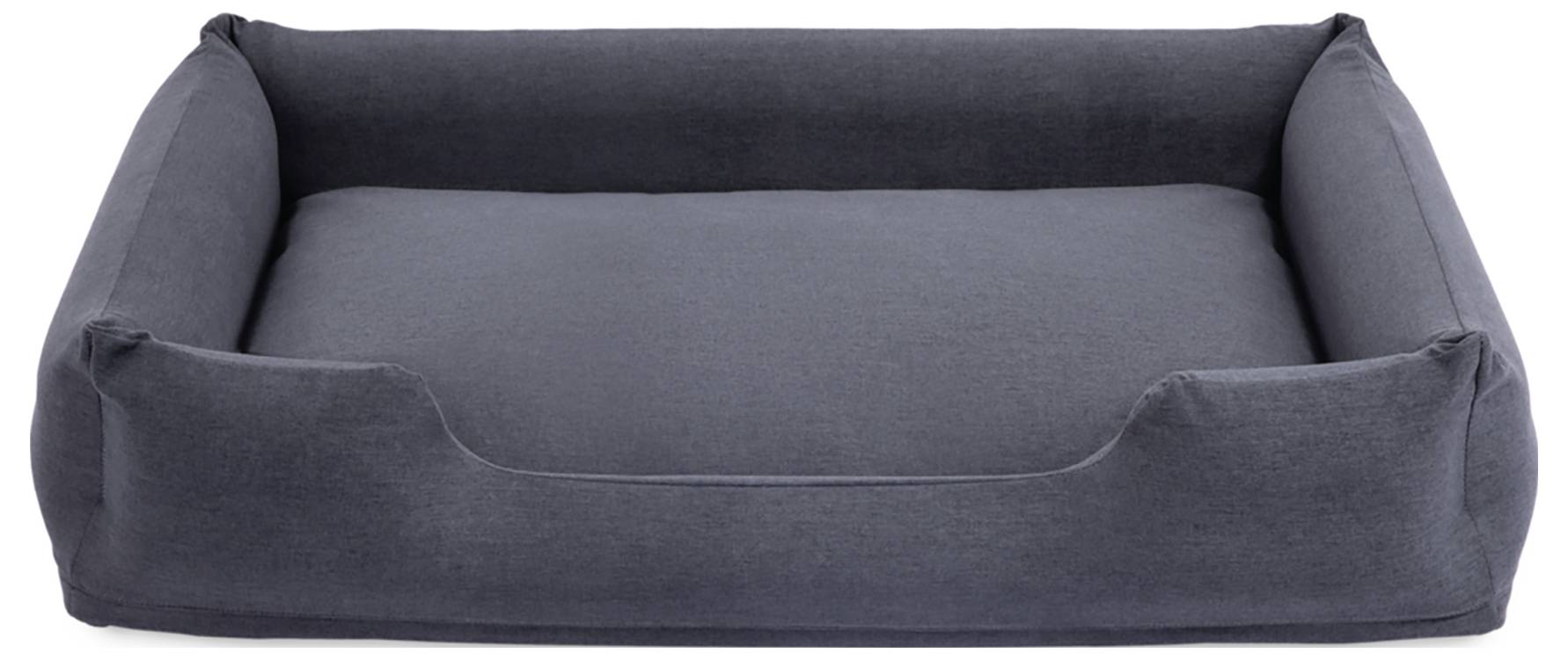Un lit pour chien rectangulaire gris foncé avec des bords surélevés, offrant confort et sécurité. Adapté aux chiens de taille moyenne à grande.