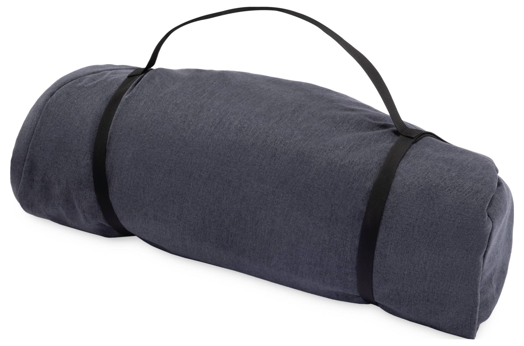 Un sac de couchage roulé, gris foncé, doté d'une poignée de transport, prêt à être facilement transporté ou rangé.