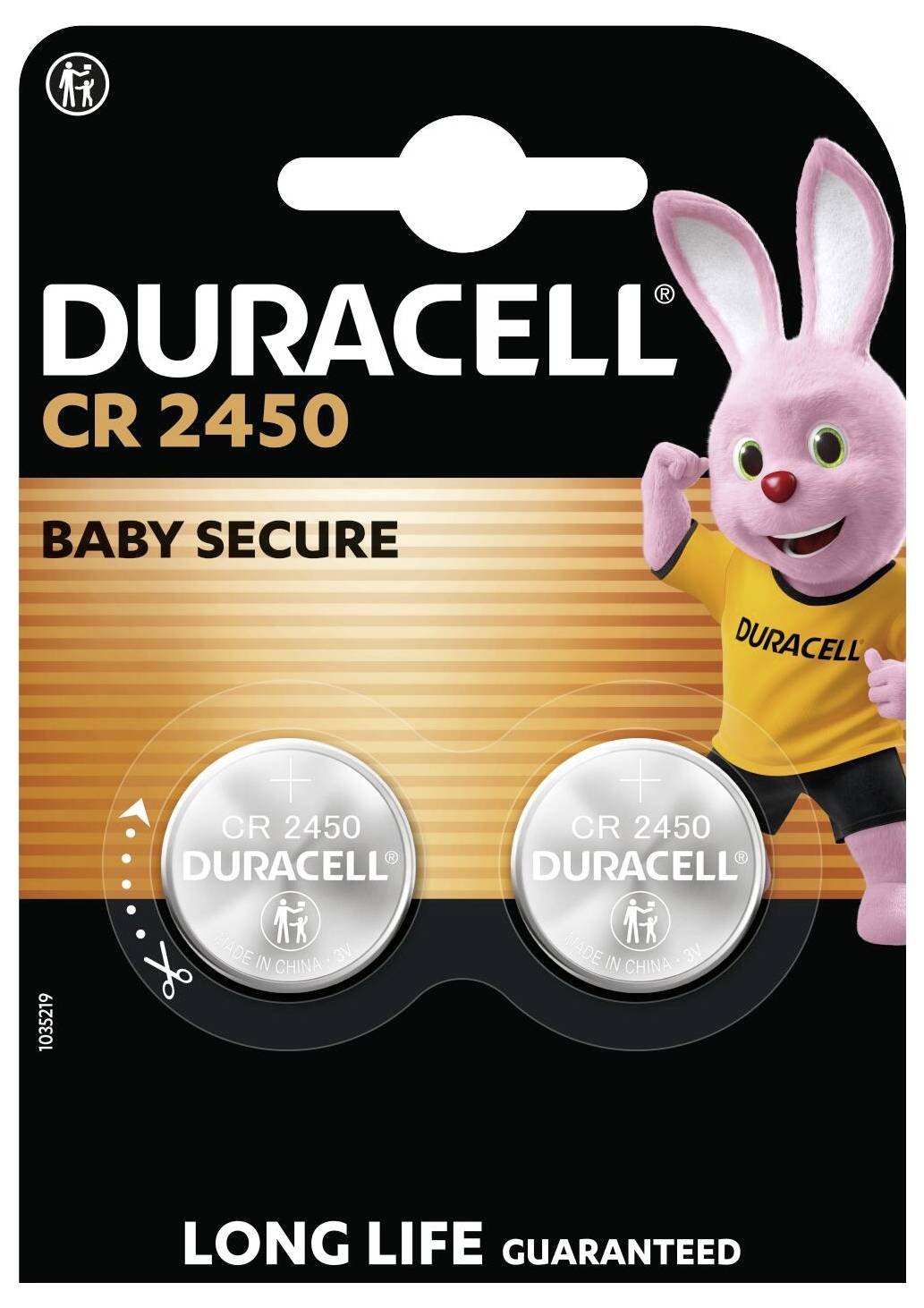 Paquet de deux piles Duracell CR 2450 avec le texte « LONGUE DURÉE GARANTIE », présentant une mascotte de lapin rose portant un t-shirt Duracell.