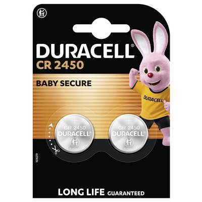 Paquet de deux piles Duracell CR 2450 avec le texte « LONGUE DURÉE GARANTIE », présentant une mascotte de lapin rose portant un t-shirt Duracell.