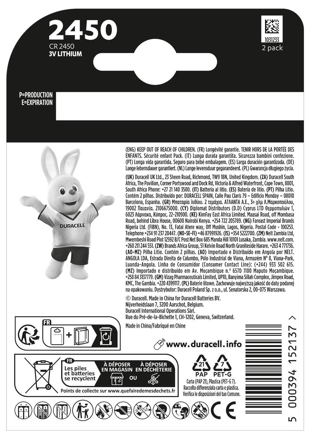 'Paquet de piles au lithium Duracell CR2450 3V, lot de 2, avec mascotte lapin. Instructions de sécurité et lien vers le site Web inclus.'