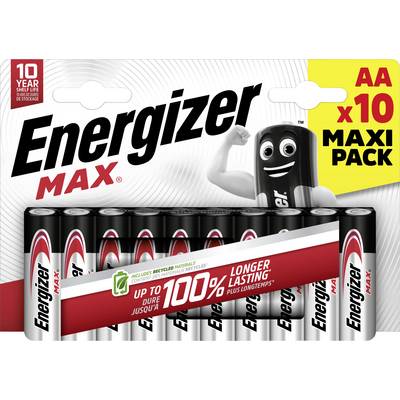Piles AA Energizer Max, pack de 10. L'emballage présente l'emblématique personnage Energizer. Caractéristiques principales : longue durée de vie, matériaux recyclés.