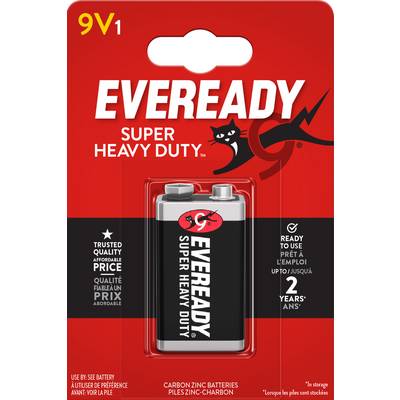Pile 9V Eveready dans son emballage. Inscription : « Super Heavy Duty », durée de conservation allant jusqu'à 2 ans, promet des performances fiables.