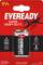 Pile 9V Eveready dans son emballage. Inscription : « Super Heavy Duty », durée de conservation allant jusqu'à 2 ans, promet des performances fiables.