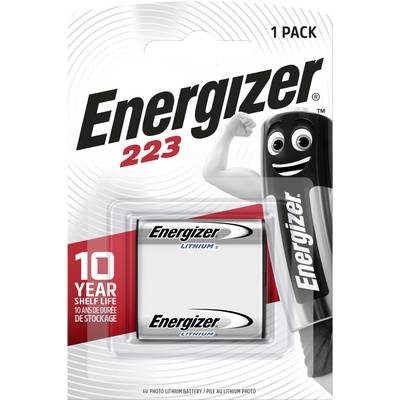 Pile lithium Energizer 223, 6V, avec une durée de conservation de 10 ans. L'emballage présente la pile, une figure animée et le logo de la marque.