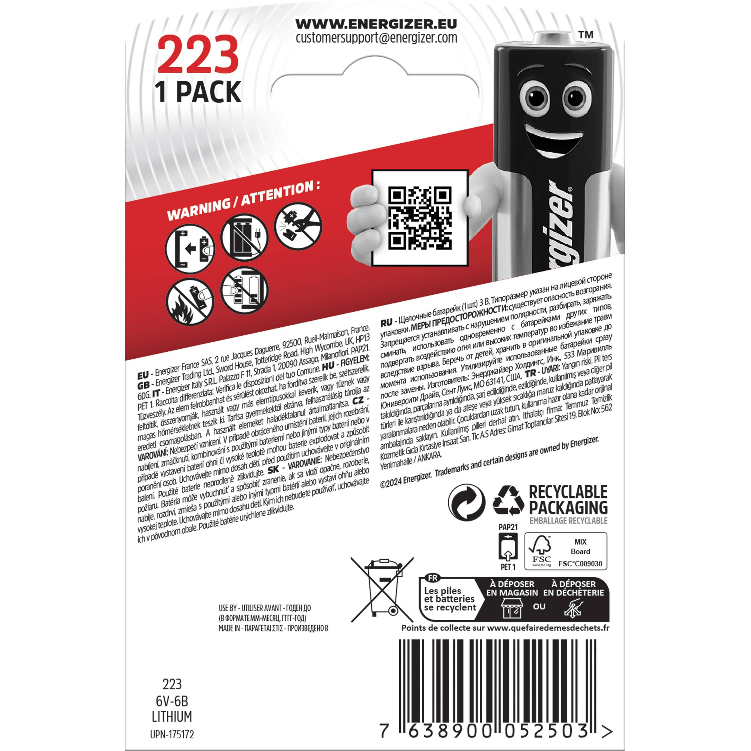Dos de l'emballage d'une batterie au lithium avec code QR, informations sur le produit et avertissements. Logo Energizer en haut à droite.