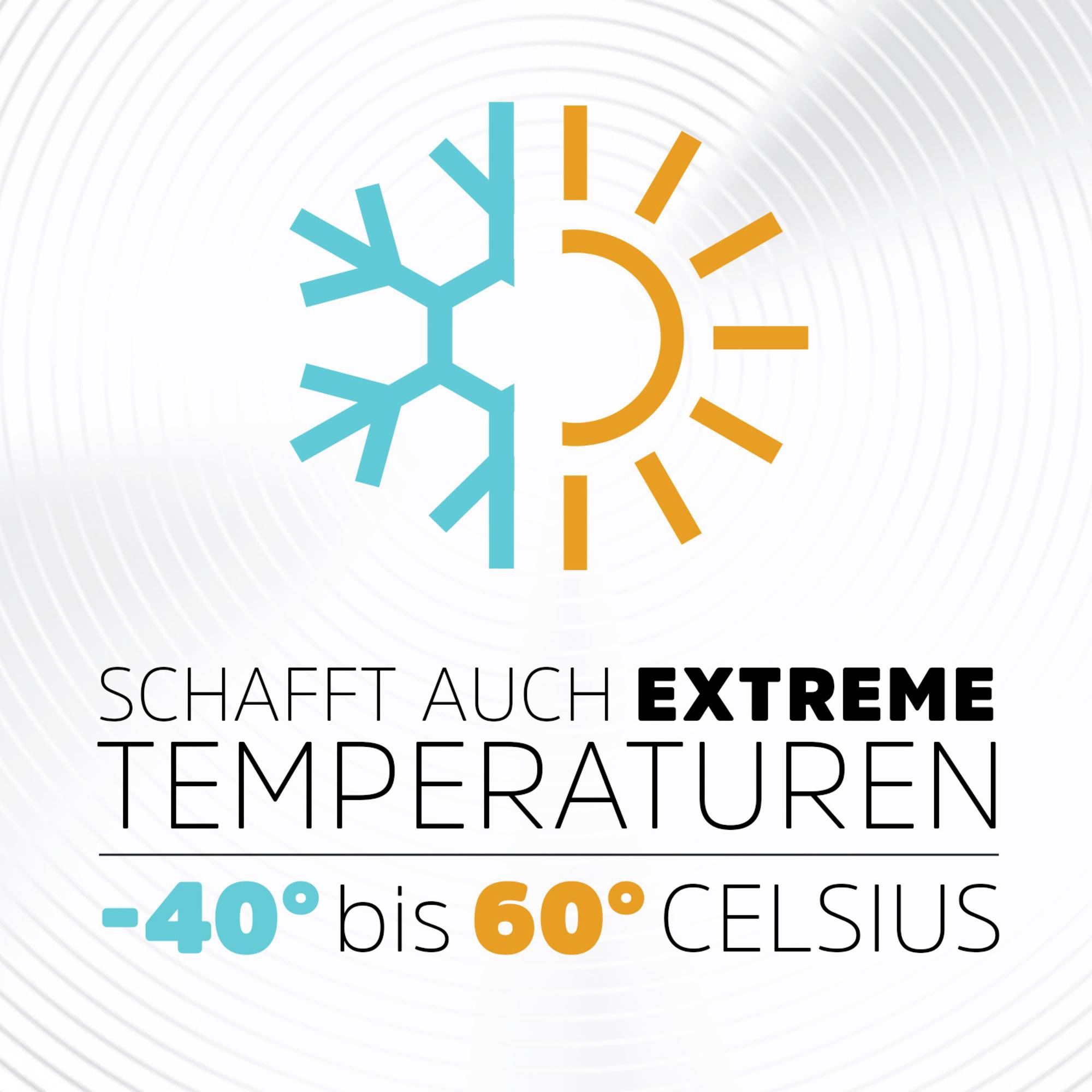 'Supporte des températures extrêmes de -40° à 60° Celsius.' Graphique montrant un demi-symbole de flocon de neige et un demi-symbole de soleil.