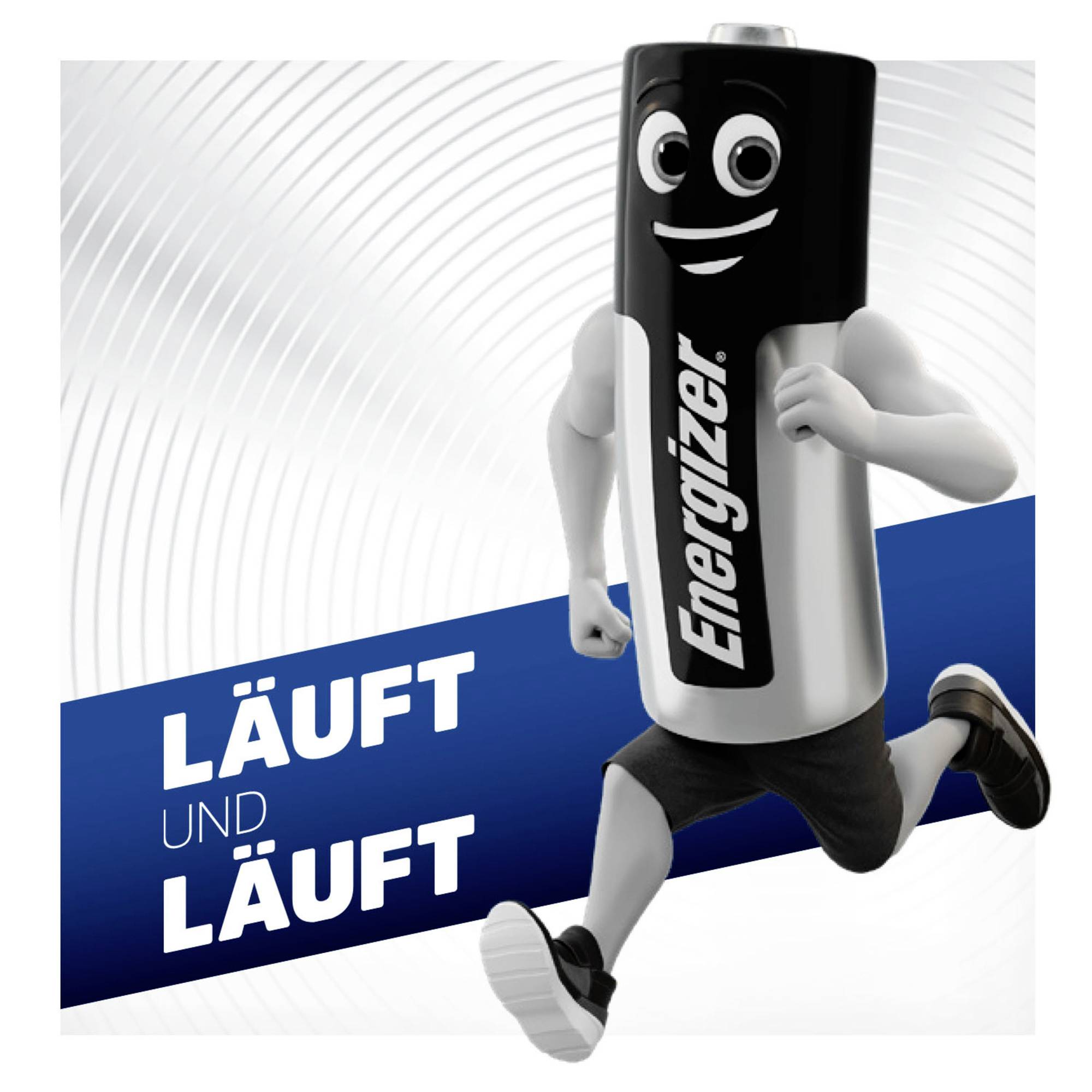 Une batterie anthropomorphe avec un visage avenant court dynamiquement. À gauche, le texte « Court et court » est inscrit sur un fond bleu.