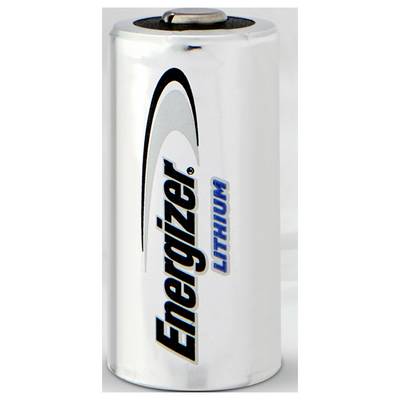 Une batterie au lithium blanche de la marque Energizer avec un lettrage noir et bleu.