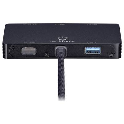 Un commutateur HDMI Renkforce noir avec des ports pour 'Capture d'écran', 'HDMI 1', 'HDMI 2' et 'USB-A', doté d'un câble de connexion tressé.