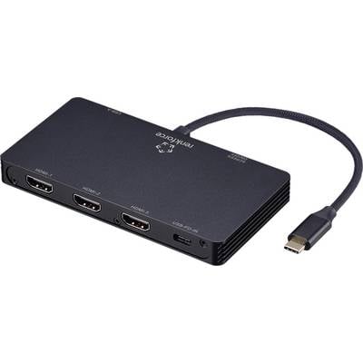 Un hub noir doté d'un port USB-C, d'un port USB-A et de trois ports HDMI. La marque est visible sur sa surface.