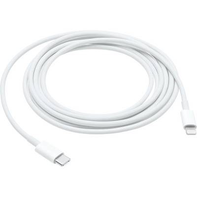 Un câble blanc USB-C vers Lightning est disposé en spirale sur une surface blanche.