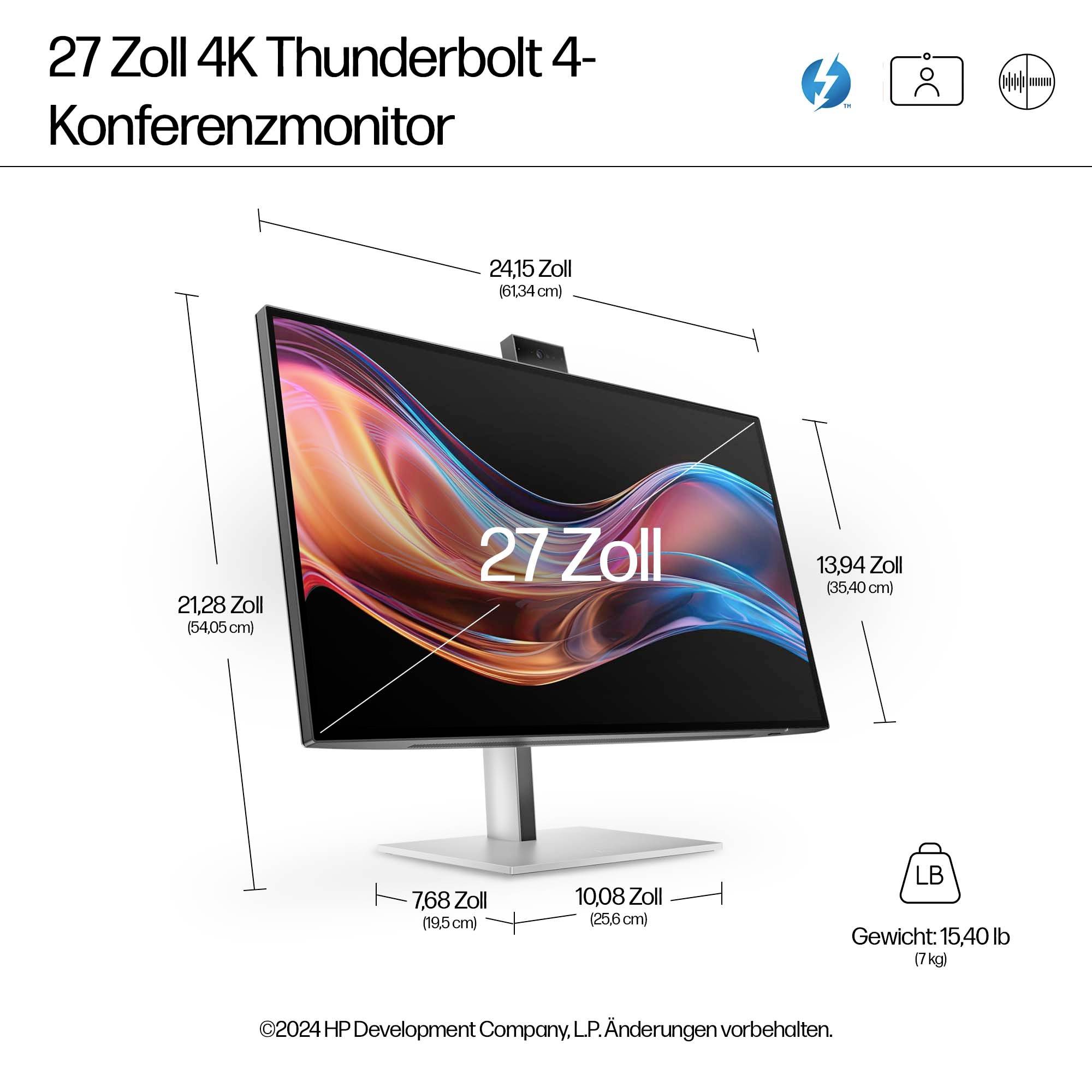 Moniteur de conférence 4K Thunderbolt 4 de 27 pouces par HP. Dimensions : hauteur 54,05 cm, largeur 61,41 cm, profondeur 25,84 cm. Poids : 7 kg.