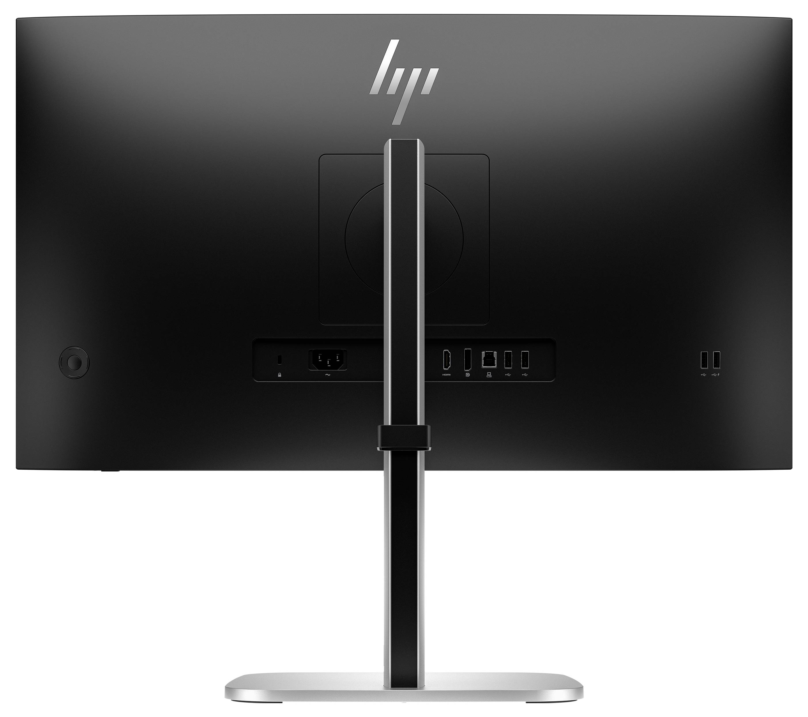 Vue arrière d'un écran d'ordinateur noir sur un socle argenté. Il montre les ports de connexion et le logo de l'entreprise en haut.