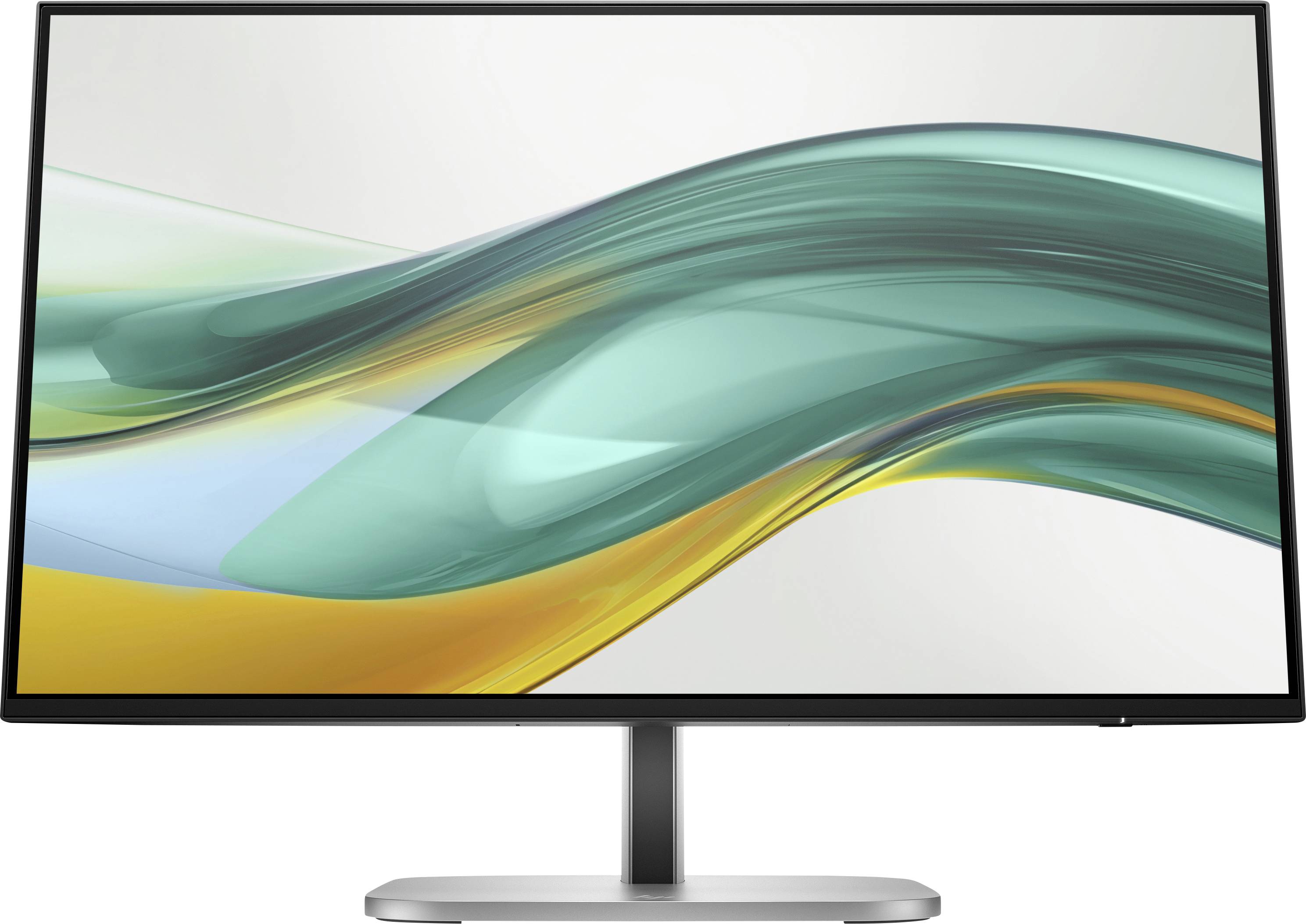 Un moniteur d'ordinateur moderne au design élégant avec une graphique abstraite en forme de vague sur l'écran.