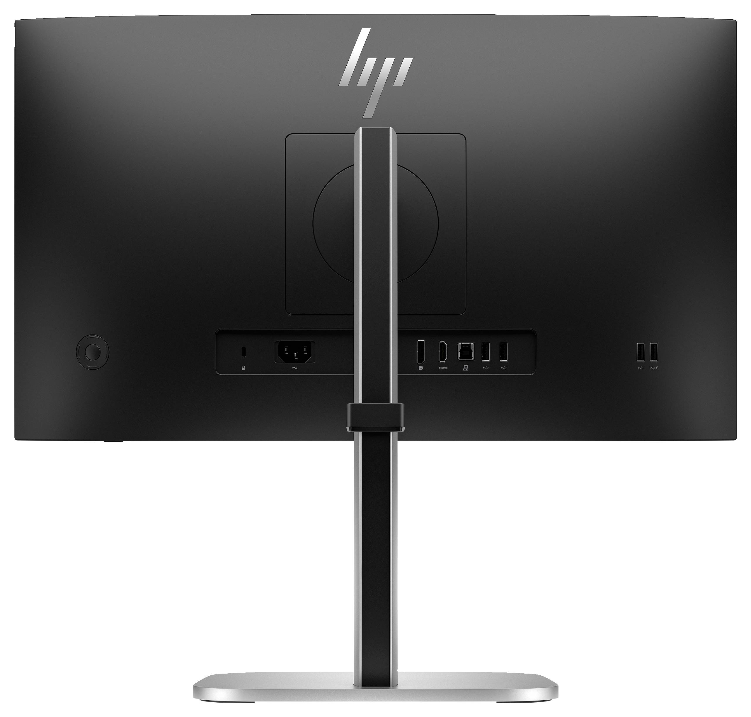 Vue arrière d'un écran d'ordinateur noir avec plusieurs ports et un logo stylisé en haut.