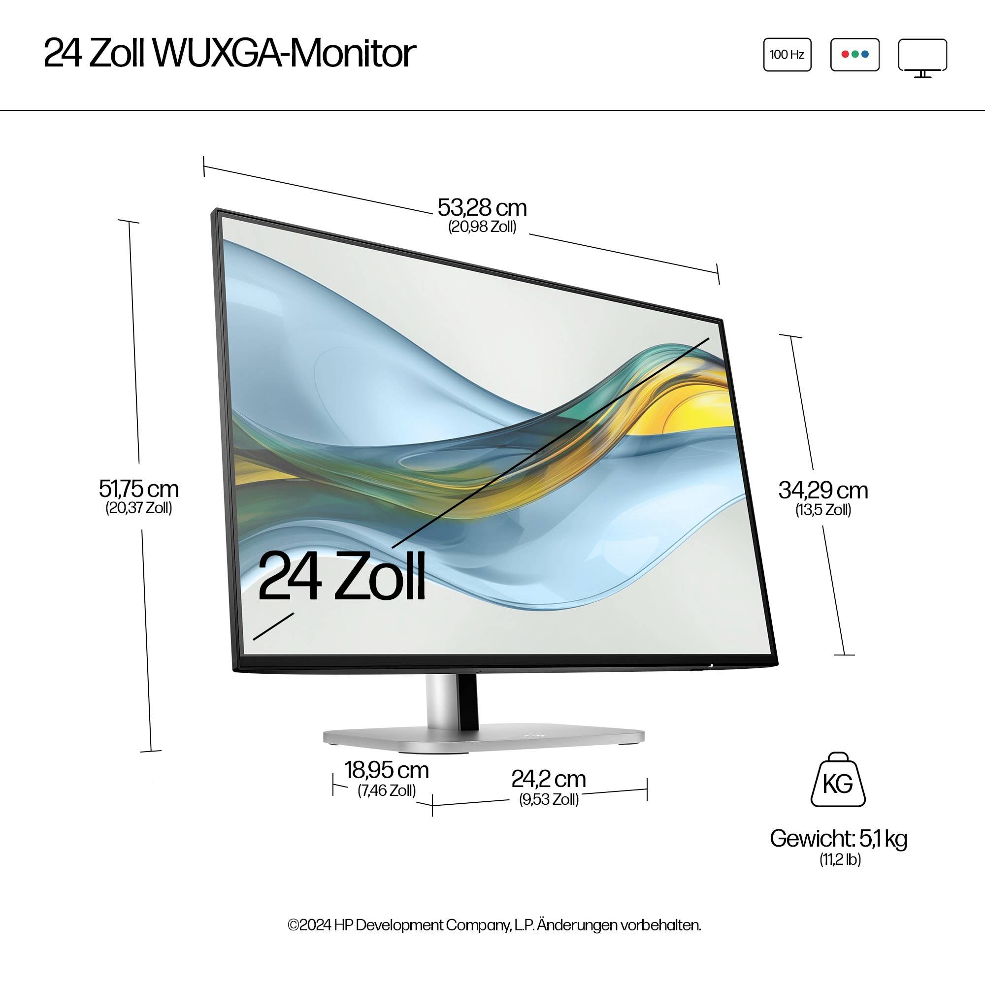 Un moniteur HP de 24 pouces WUXGA avec des dimensions de 51,75 cm x 34,29 cm et un poids de 5,1 kg. Conçu par HP Development Company.