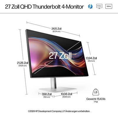 Moniteur Thunderbolt 4 QHD de 27 pouces sur fond blanc. Dimensions : Largeur 21,28 pouces, Hauteur 13,94 pouces, Profondeur 10,08 pouces. Poids : 15,43 livres.