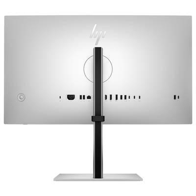 Vue arrière d'un moniteur argenté avec plusieurs ports et un socle, sans surface d'écran visible.