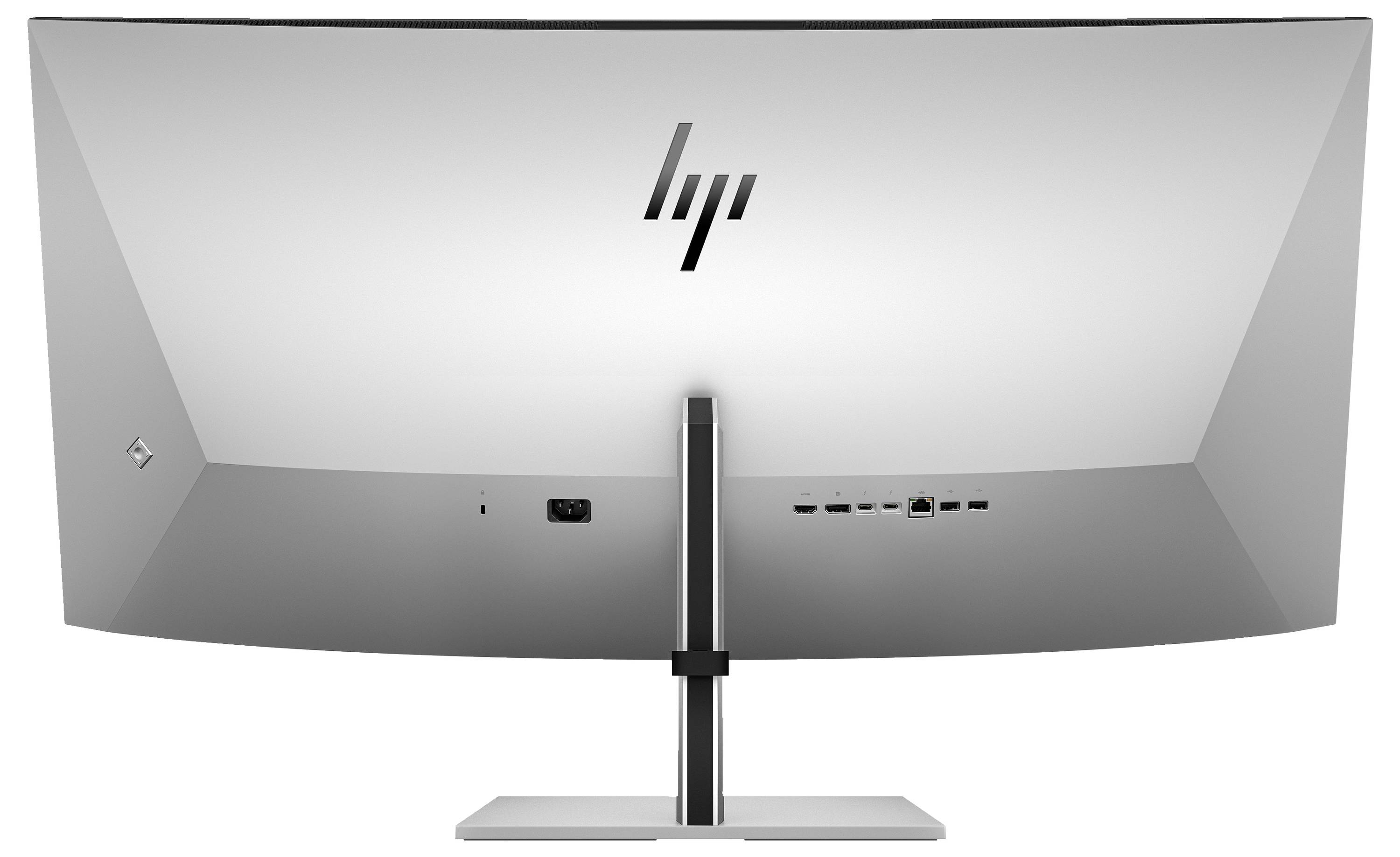 Un moniteur incurvé vu de dos, avec le logo d'une entreprise, plusieurs ports de connexion et un socle stable.