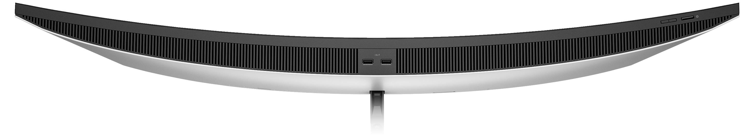 Écran d'ordinateur incurvé, ultra-large, vu de dos, montrant les ouvertures de ventilation et les câbles de connexion.