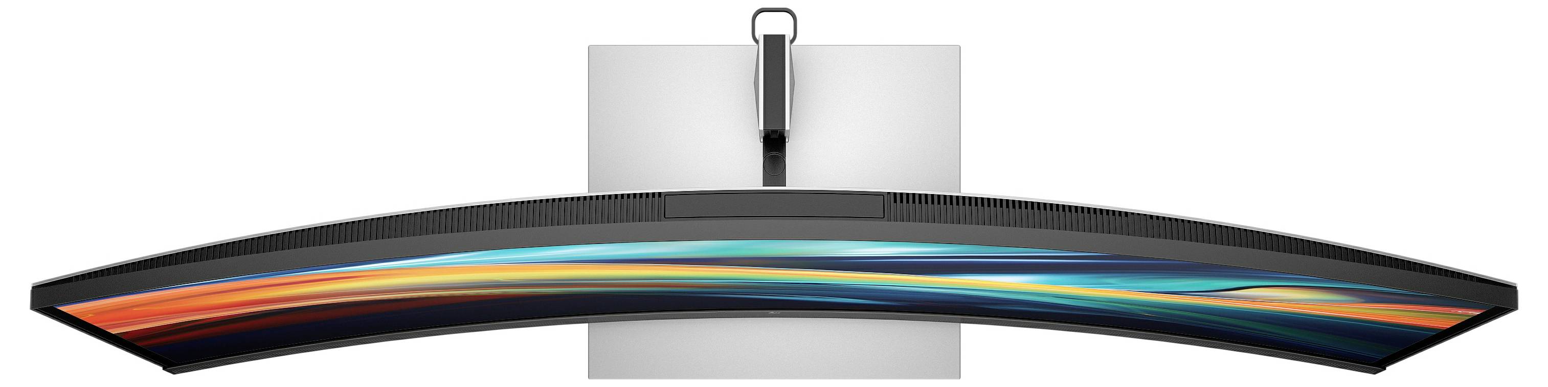 Un moniteur incurvé, ultra-large, vu de dessus, affichant une représentation colorée à l'écran. Socle moderne au centre.