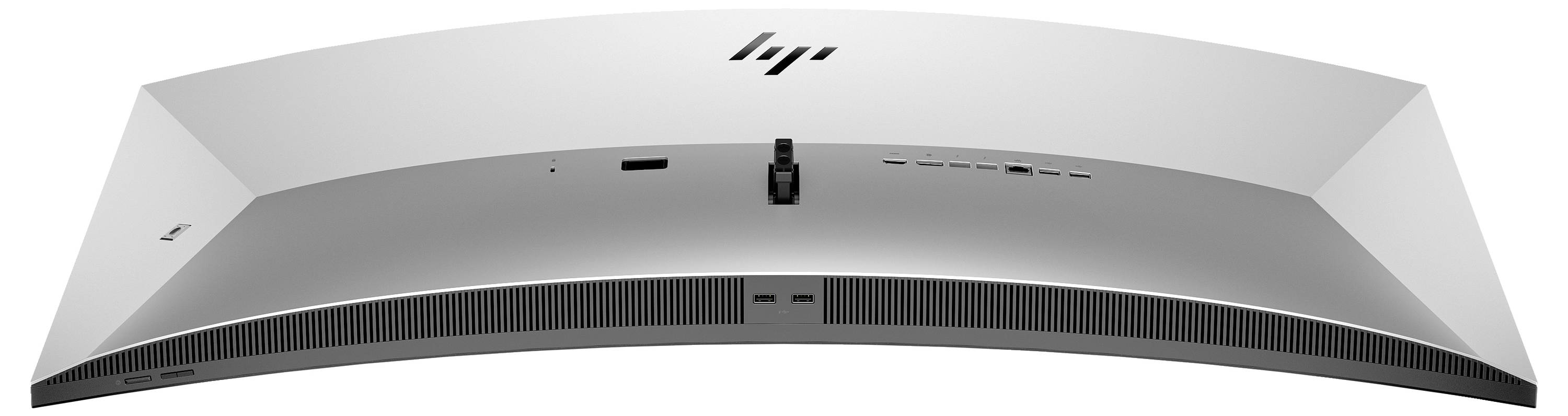 Vue arrière d'un moniteur d'ordinateur moderne avec des ports pour l'alimentation électrique, HDMI, USB et câbles audio, avec des fentes de ventilation en dessous.