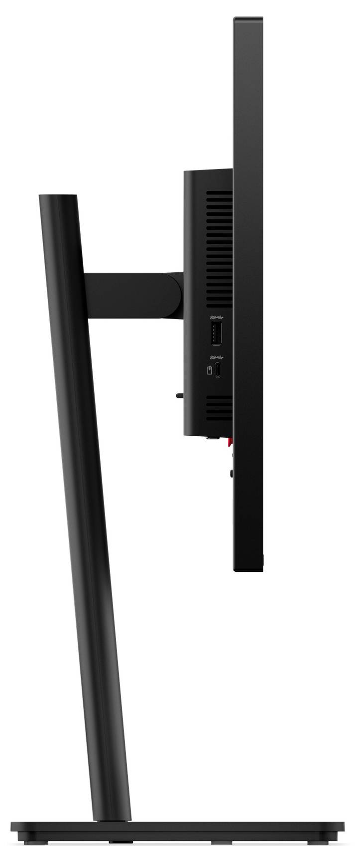 Vue latérale d'un moniteur d'ordinateur noir moderne au design élégant, installé sur un socle rectangulaire.