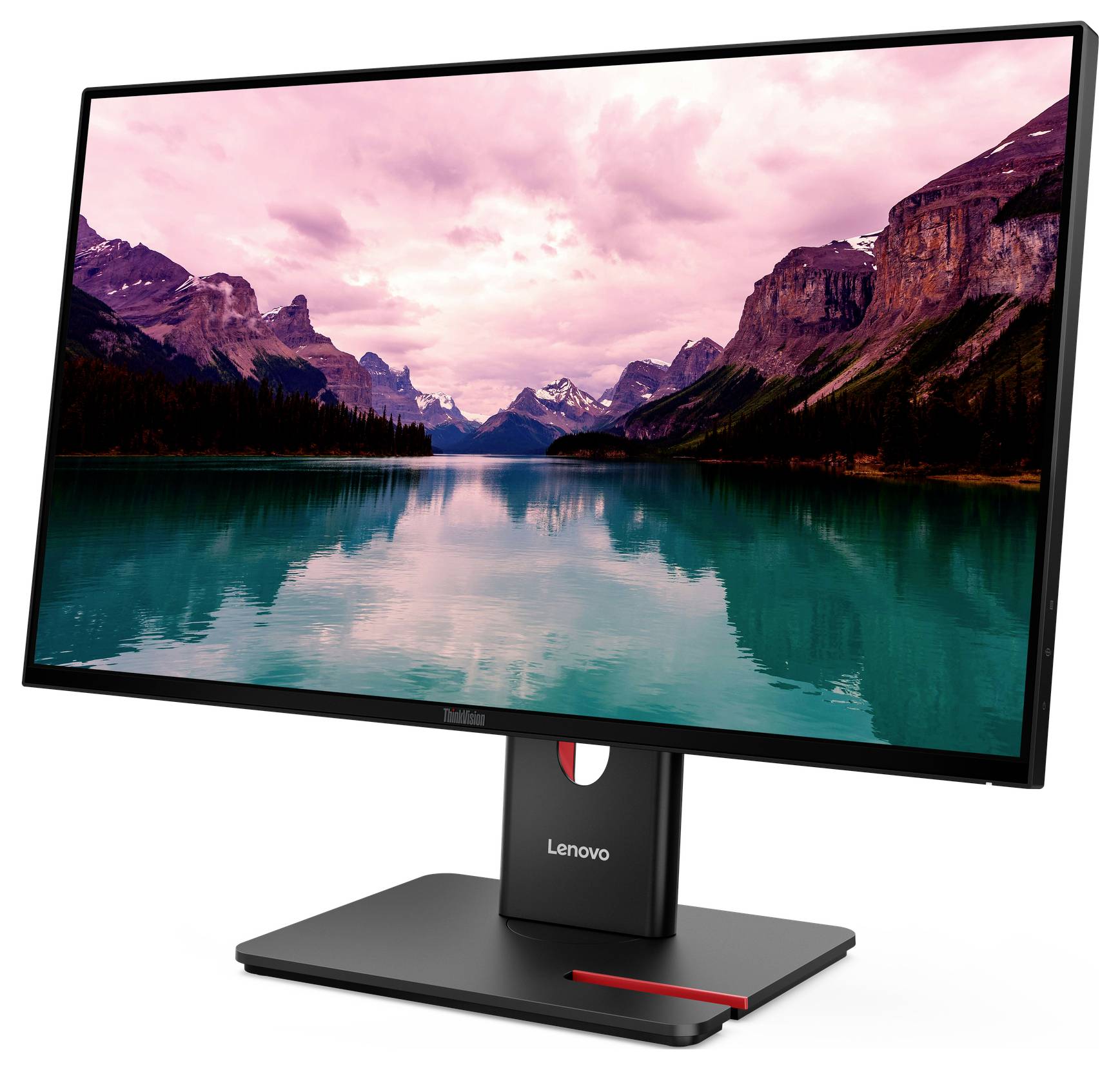 Un moniteur Lenovo affiche un paysage avec un lac, entouré de montagnes et d'un ciel teinté de rose.