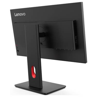 Un moniteur Lenovo noir vu de dos, avec un support stable et un accent rouge, repose sur une base plane.