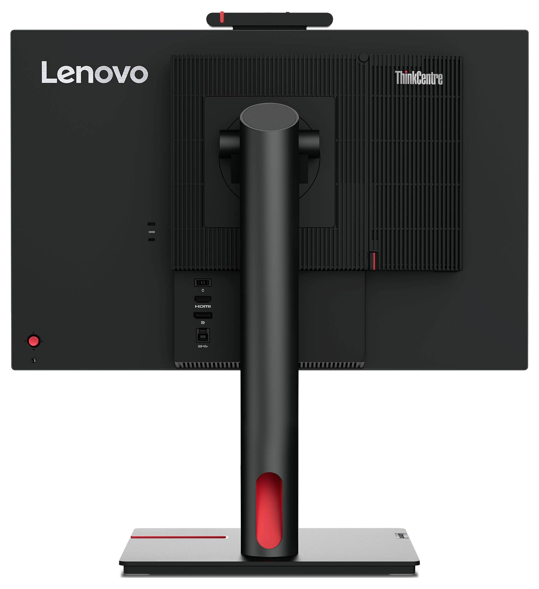 Dos d'un écran d'ordinateur noir Lenovo avec son socle, plusieurs ports de connexion et une grille de ventilation en haut à droite.