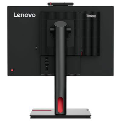 Dos d'un écran d'ordinateur noir Lenovo avec son socle, plusieurs ports de connexion et une grille de ventilation en haut à droite.