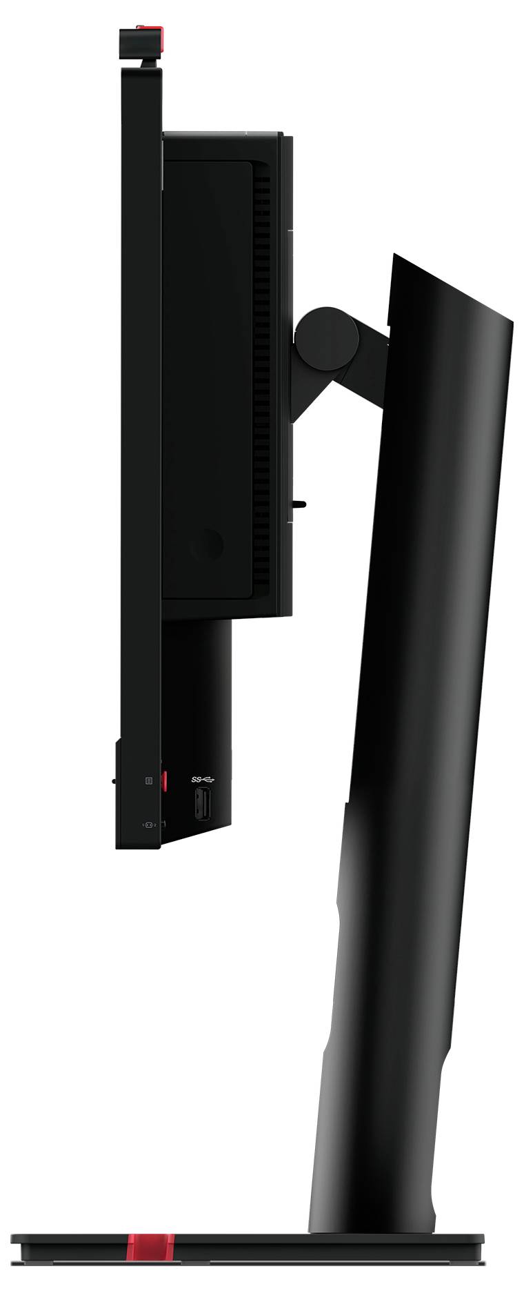 Vue latérale d'un moniteur d'ordinateur noir sur un support réglable. Le moniteur est fin et inclinable.