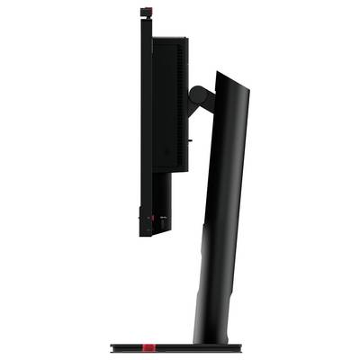 Vue latérale d'un moniteur d'ordinateur noir sur un support réglable. Le moniteur est fin et inclinable.