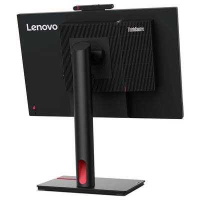 Un moniteur Lenovo ThinkCentre noir vu de dos, installé sur un support réglable. Le logo de la marque est visible en haut à gauche.