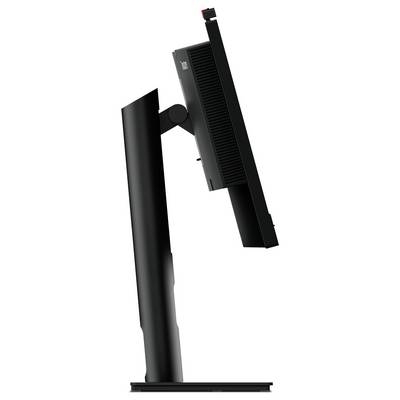 Vue latérale d'un moniteur d'ordinateur noir sur un socle réglable, incliné vers l'arrière.