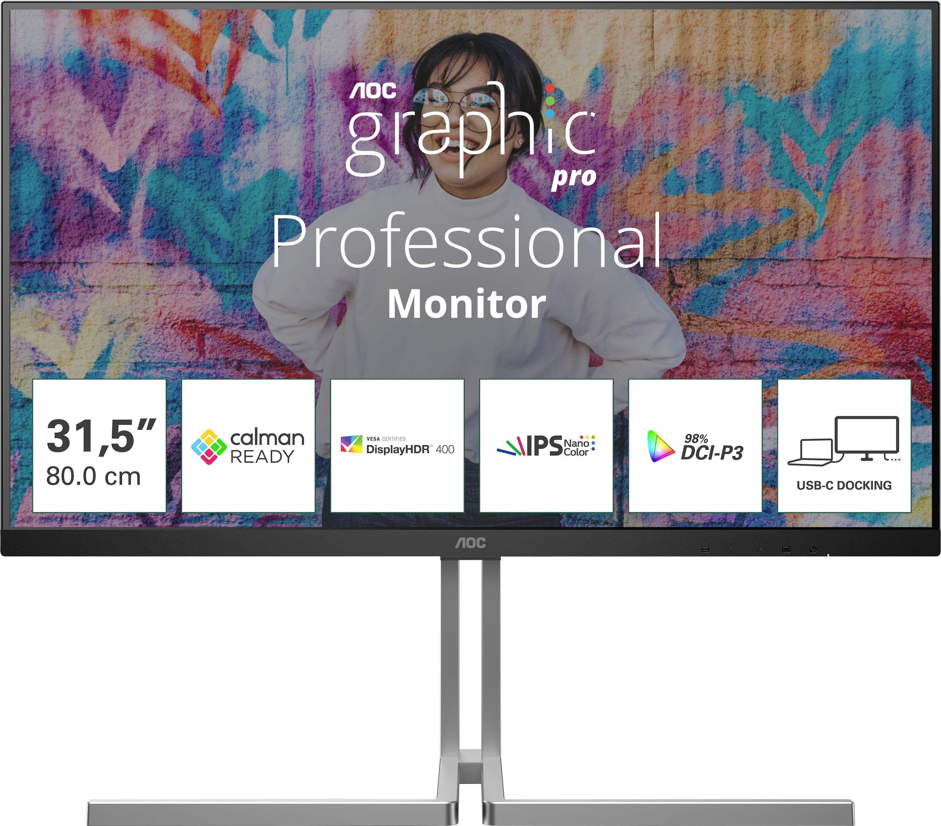 Moniteur professionnel AOC de 31,5 pouces. Caractéristiques : Calman Ready, DisplayHDR 400, IPS, 90% DCI-P3, station d'accueil USB-C.