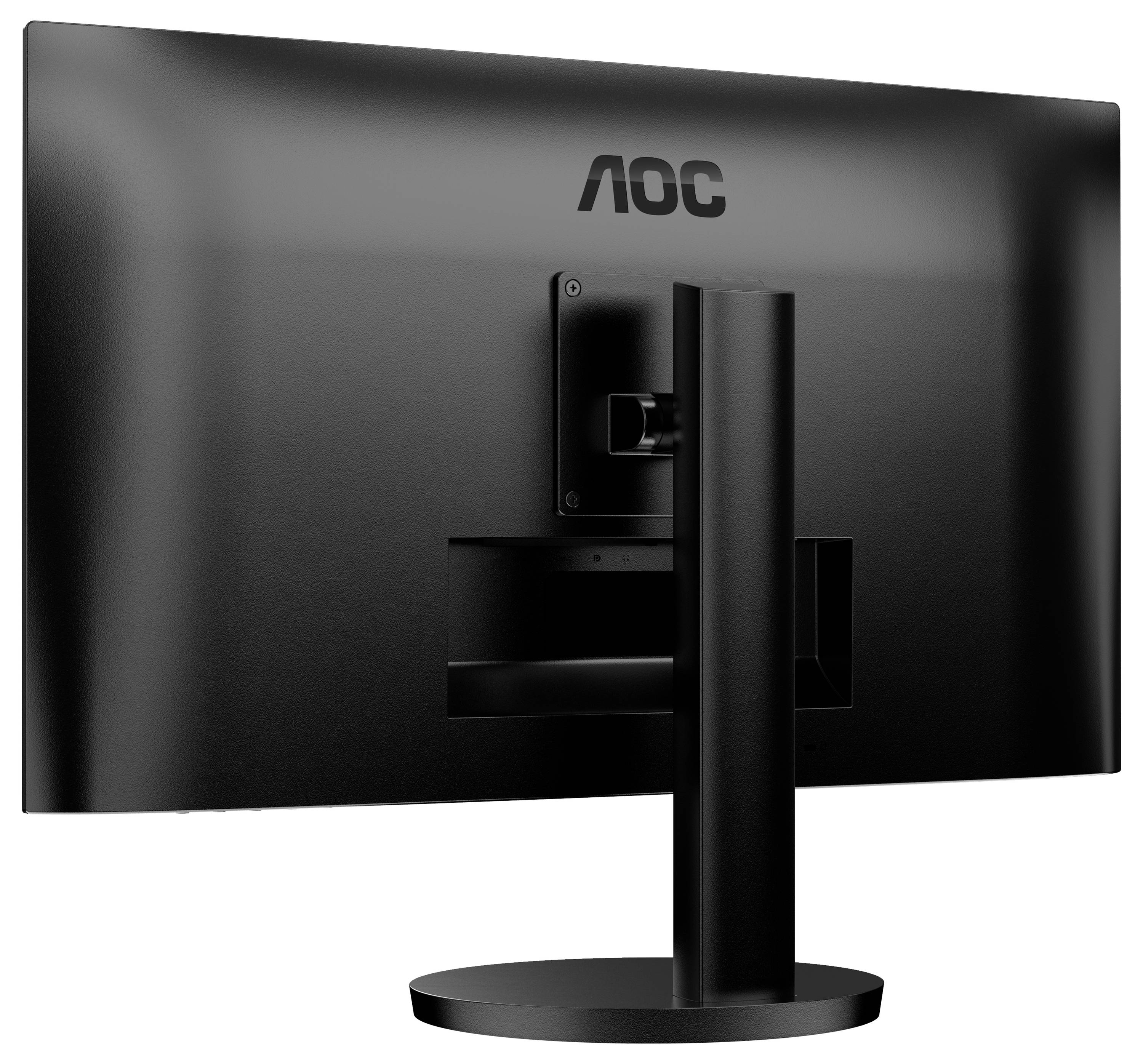 Un moniteur d'ordinateur noir AOC, vu de dos, montre un socle stable et un support VESA pour montage mural.