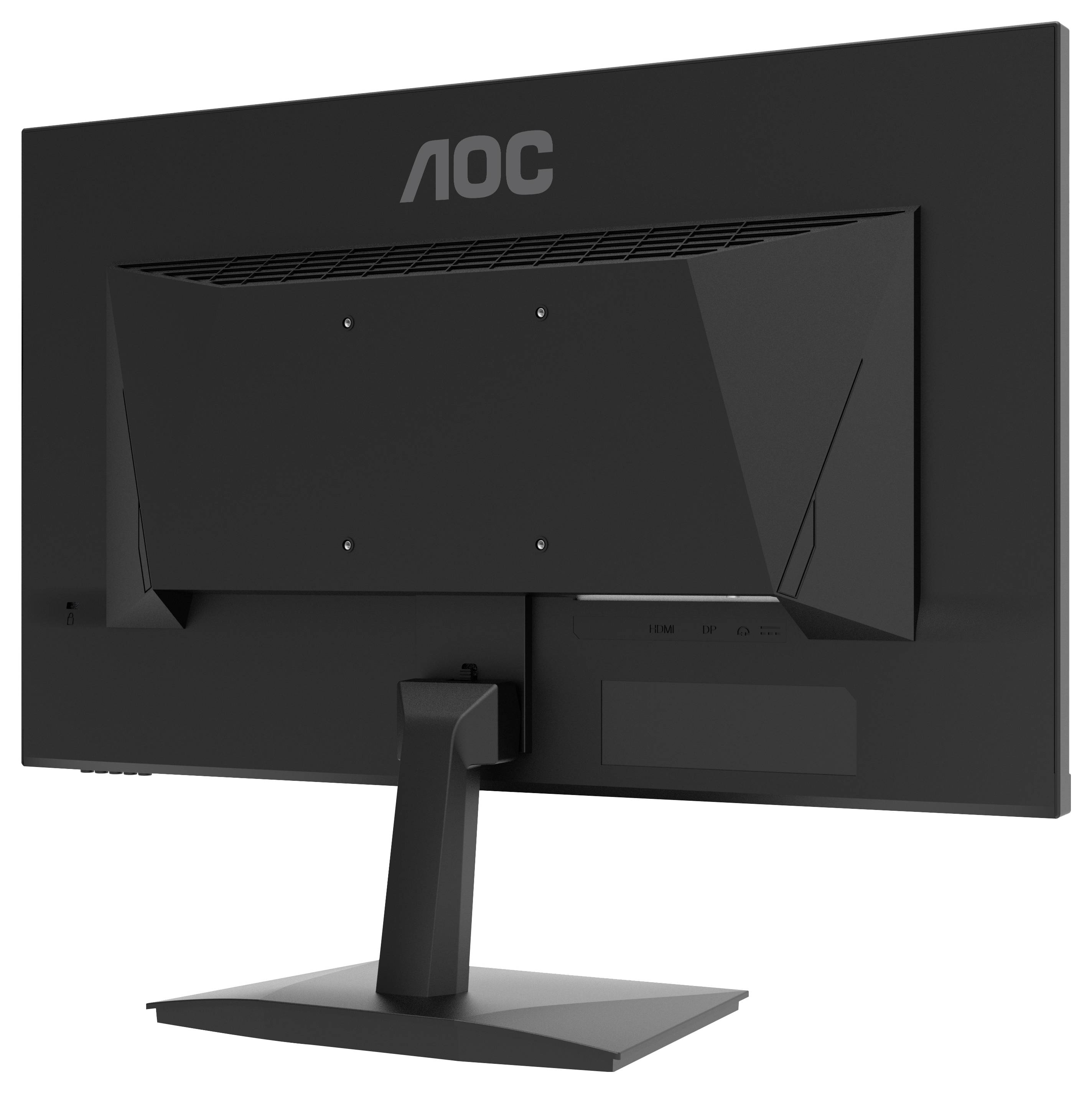 Un écran d'ordinateur noir et gris de la marque AOC, vu de dos. Le socle et l'arrière avec ses fentes de ventilation sont visibles.