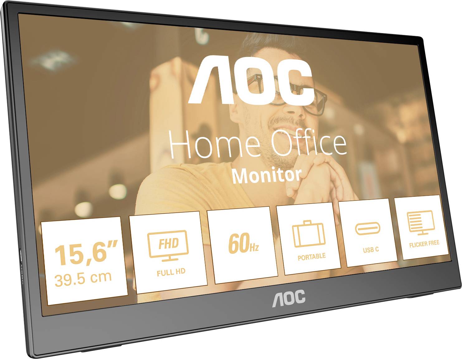 Écran AOC pour bureau à domicile, taille 15,6 pouces, Full HD, 60 Hz, portable, connexion USB-C.