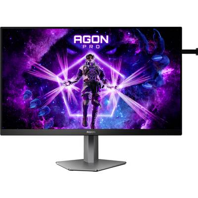 Moniteur de jeu avec un motif de science-fiction coloré à l'écran. Le texte 'AGON PRO' brille au-dessus d'un soldat futuriste dans l'espace.