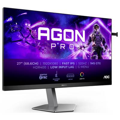 Moniteur 'AGON PRO' d'AOC. 27 pouces (68,6 cm) avec une résolution de 1920x1080, 520 Hz, temps de réponse de 1 ms, HDR400. Inclut Adaptive Sync et Light FX.