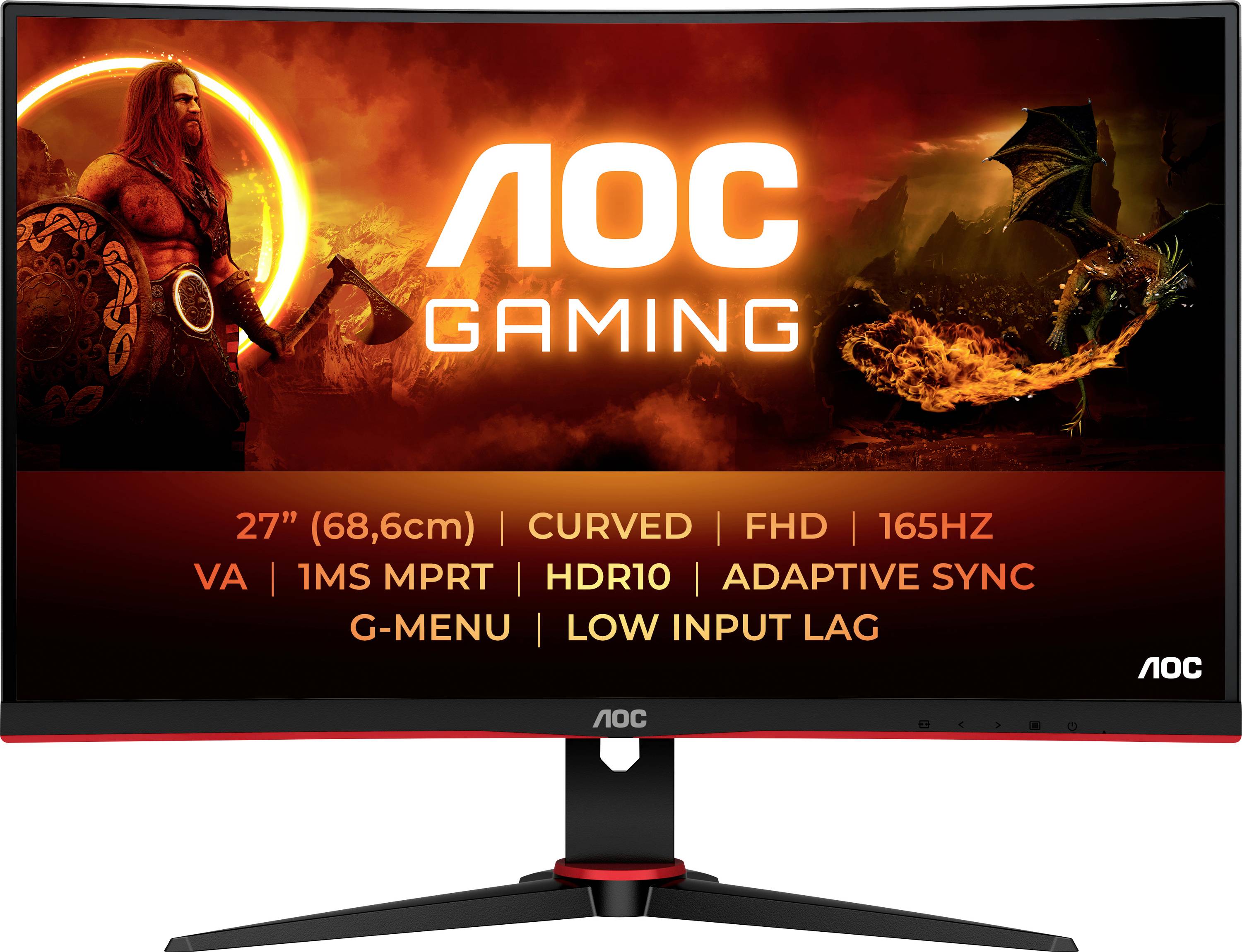 Moniteur de jeu AOC incurvé, 27 pouces, FHD, 165 Hz, 1 ms, HDR10, Adaptive Sync, G-Menu, faible latence d'entrée