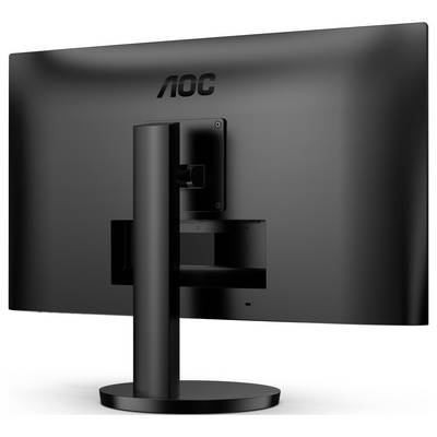 Dos d'un écran d'ordinateur noir sur un socle circulaire, doté d'un système de support réglable et d'un design minimaliste.